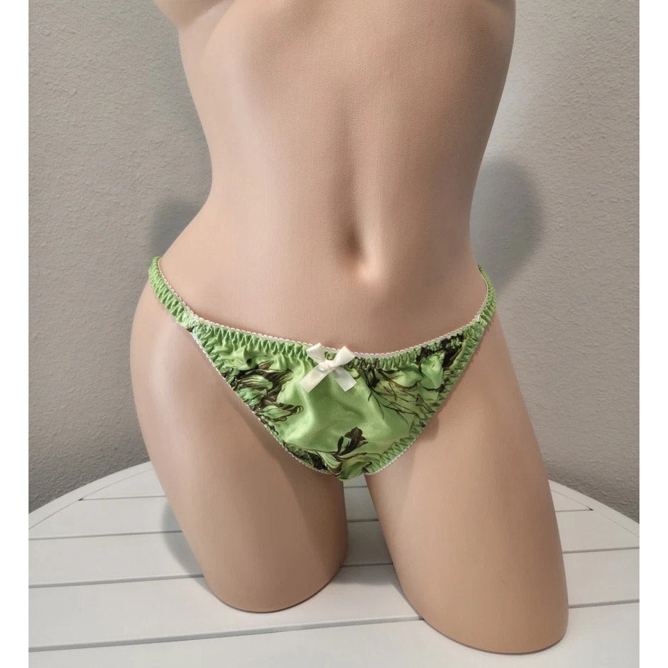 Liquid Satin String Bikini Panty Double Silk Gusset Floral Print Vibe Green