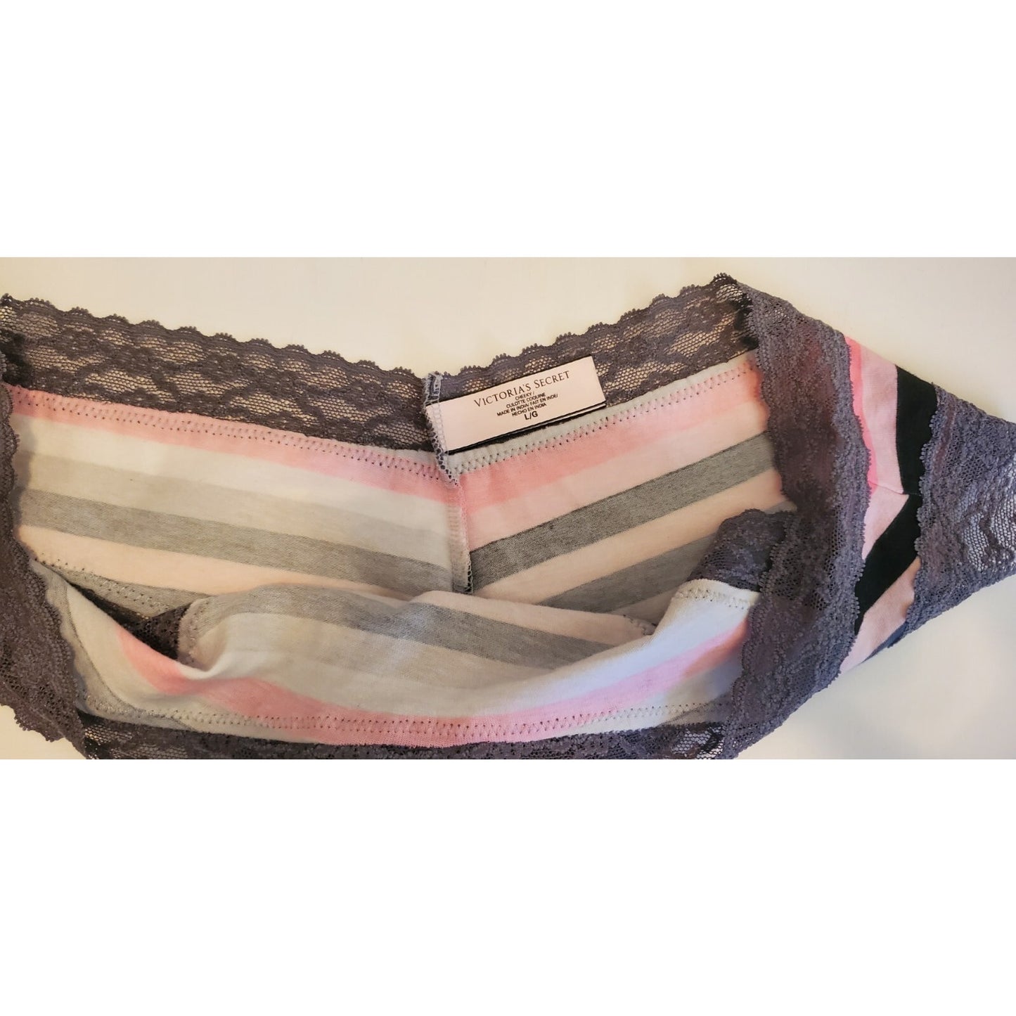 Victoria's Secret Cotton Cheeky Panty Lace Trim Multicolor Stripes 7/L
