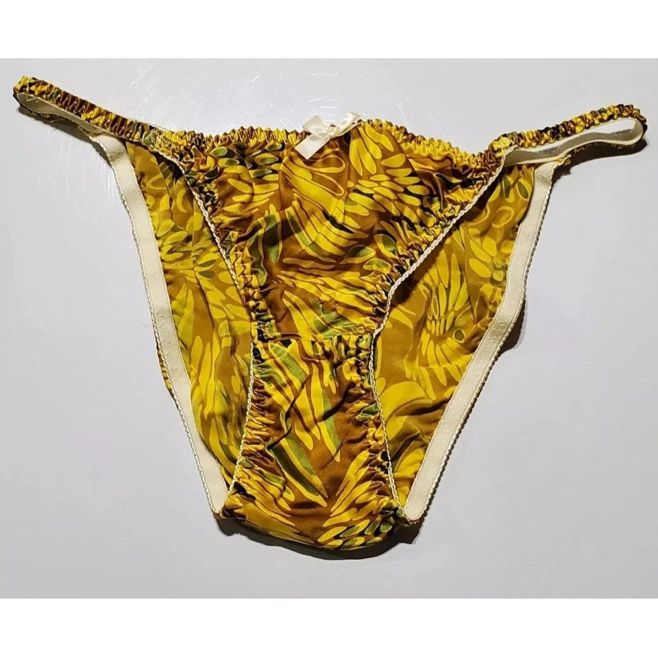 Liquid Satin String Bikini Panty Shiny Double Silk Gusset Sunshine Yellow Print
