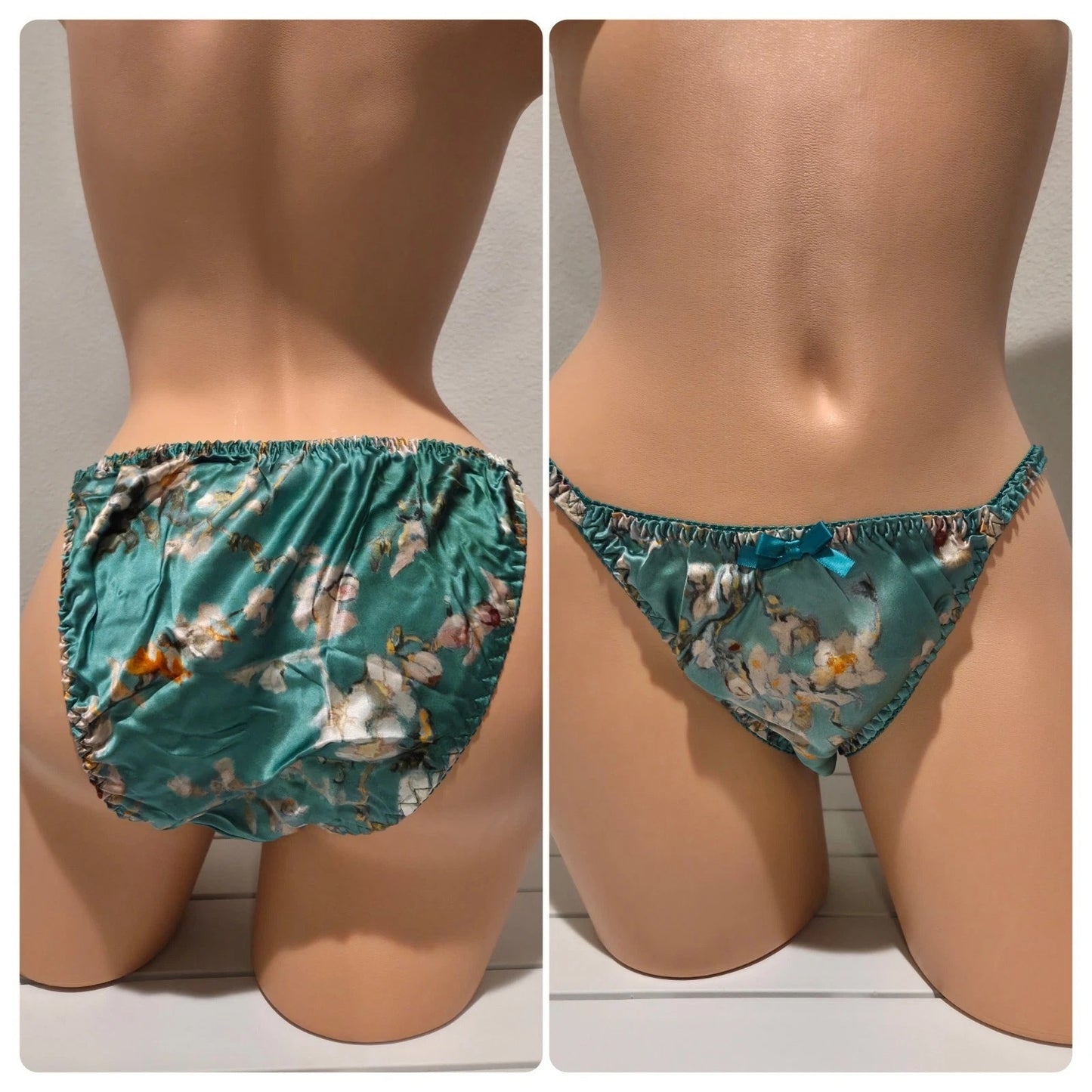 Liquid Satin String Bikini Panty Shiny Double Silk Gusset Floral Print Green