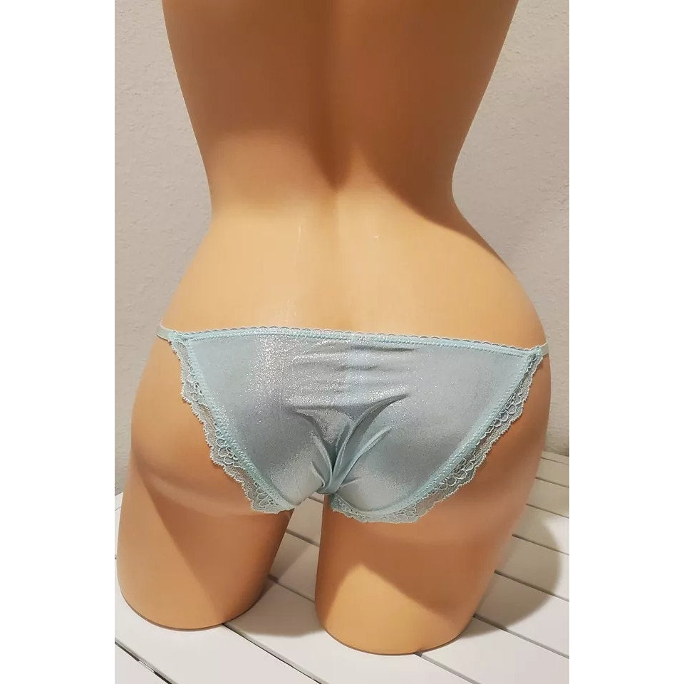 Victoria's Secret Dream Angels String Bikini Panty Shiny Lace Trim Frosty Blue - Star Vintage & More