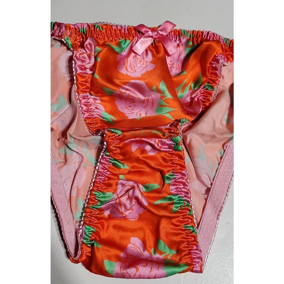 Liquid Satin String Bikini Panty Shiny Double Silk Pink Orange Floral Print 7/L