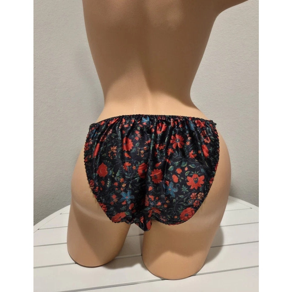 Liquid Satin String Bikini Panty Shiny Double Silk Gusset Floral Print Red Black