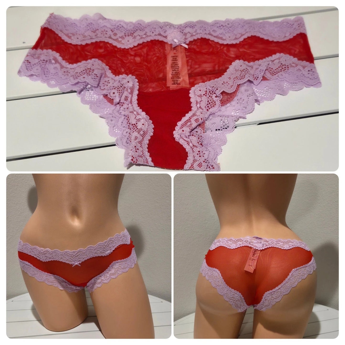 Victoria's Secret Tease Cheekini Bikini Panty Semi Sheer Lace Trim Red Pink 4/XS
