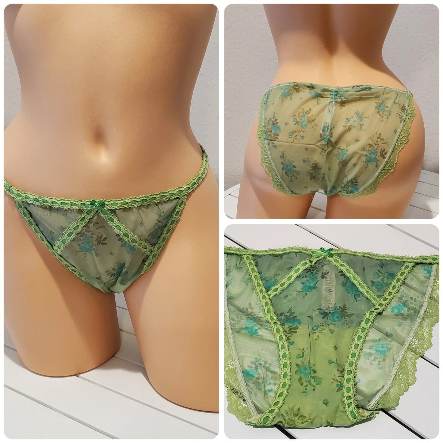 Victoria's Secret Dream Angels Bikini Panty Sheer Floral Print Green Sour Apple