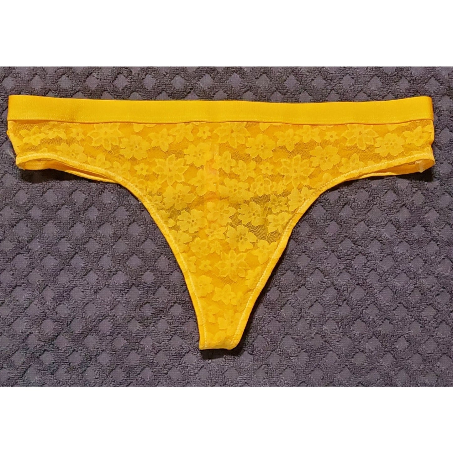 Victoria's Secret PINK Floral Lace Thong Panty Semi Sheer Tulip Yellow 7/L