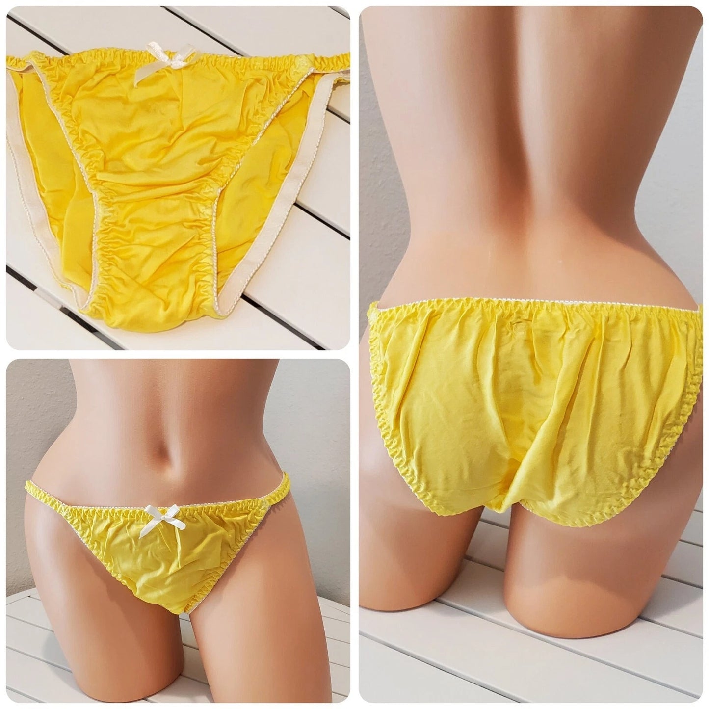 Liquid Satin String Bikini Panty Shiny Double Silk Gusset Tuscany Yellow 8/XL