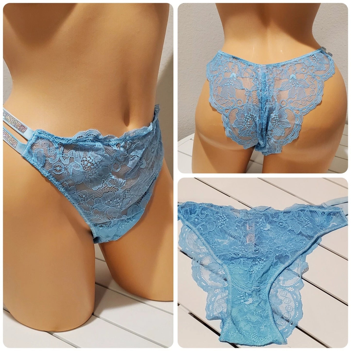 Victoria's Secret Double Shine Strap Brazilian Panty All Lace Baby Blue 9/2XL