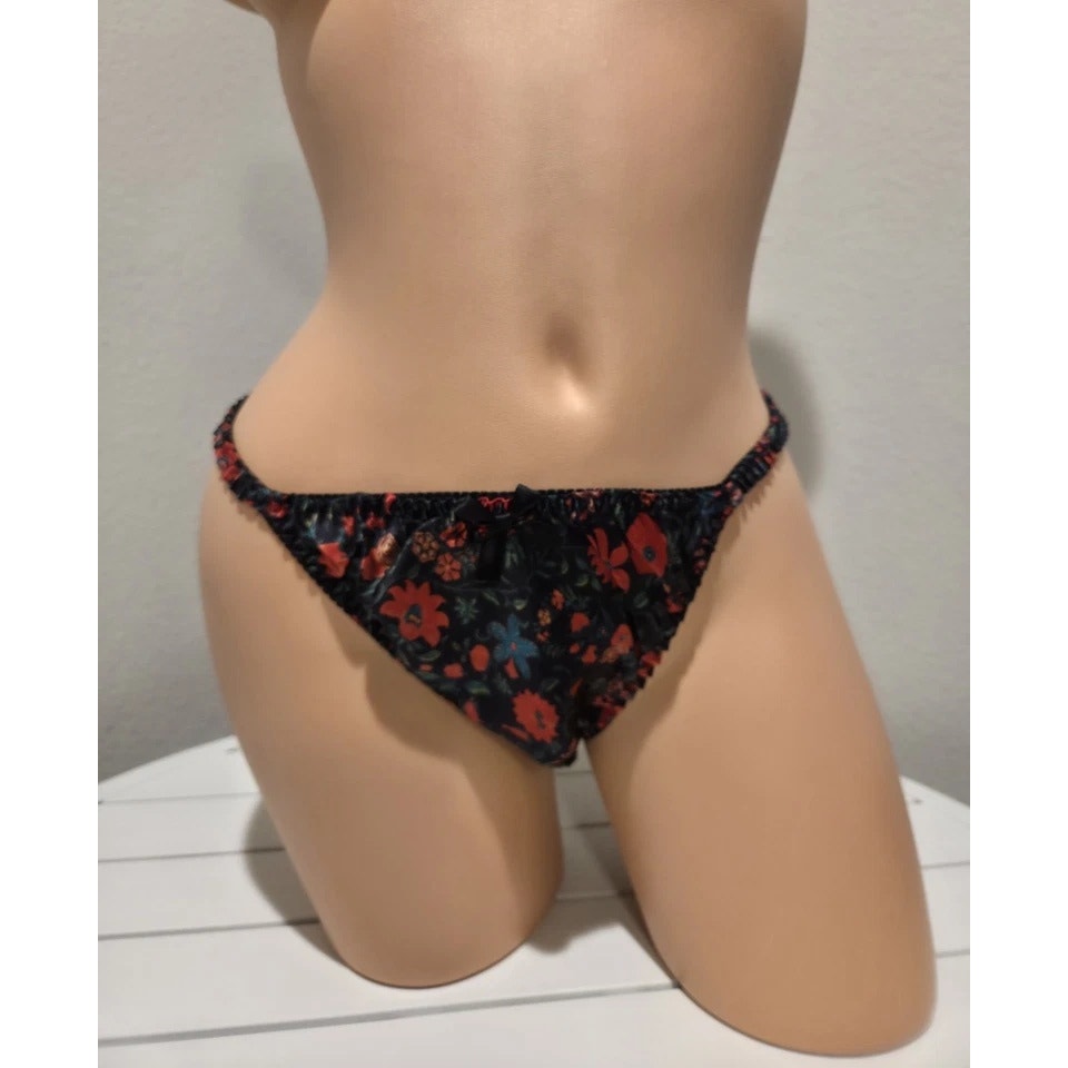 Liquid Satin String Bikini Panty Shiny Double Silk Gusset Floral Print Red Black