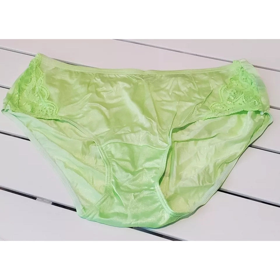 Shadowline 11182 Lace Insets Bikini Panty Shiny Nylon Full Cut Green Lime Lust