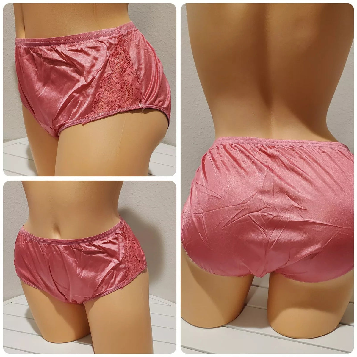 Shadowline 11182 Lace Insets Bikini Panty Shiny Nylon Full Cut Pink On Point
