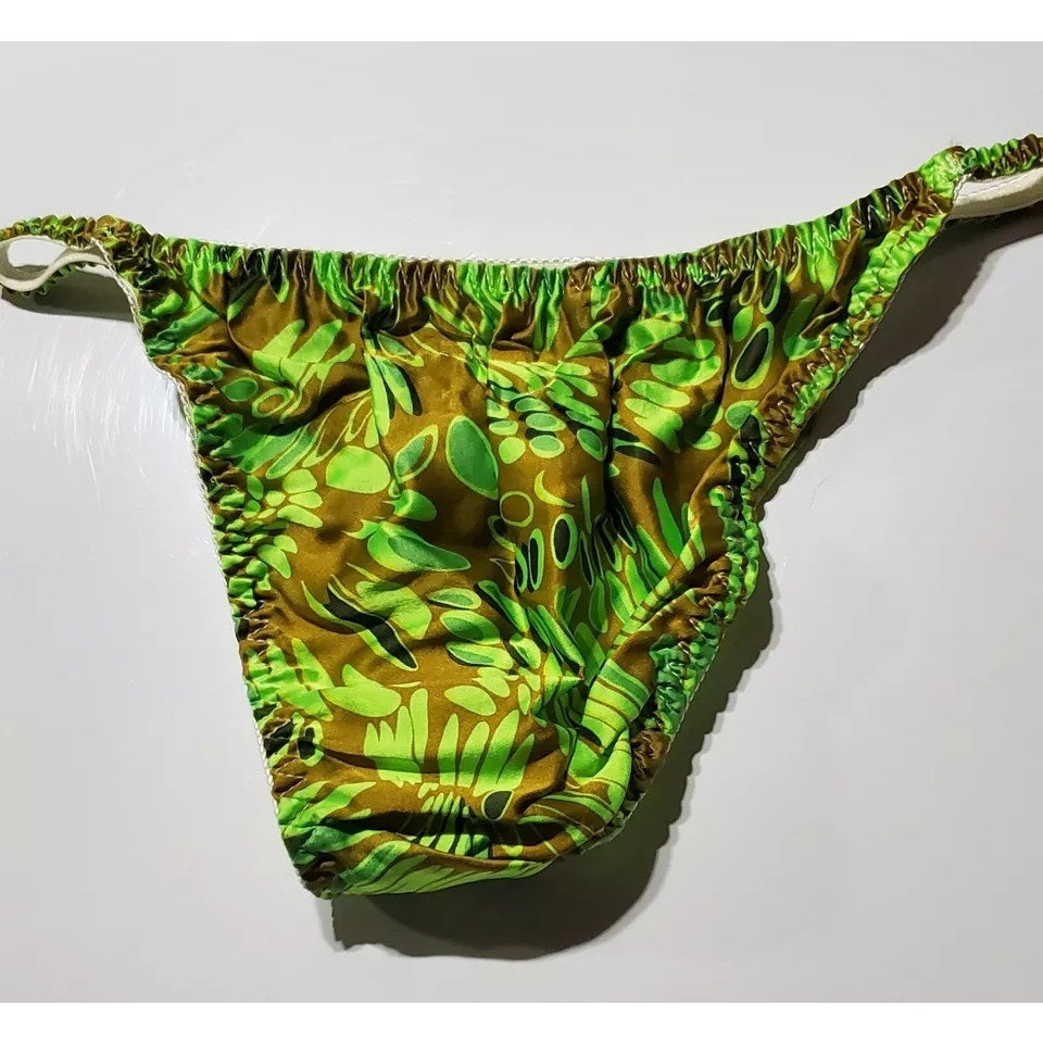 Liquid Satin String Bikini Panty Shiny Double Silk Gusset Apple Green Print
