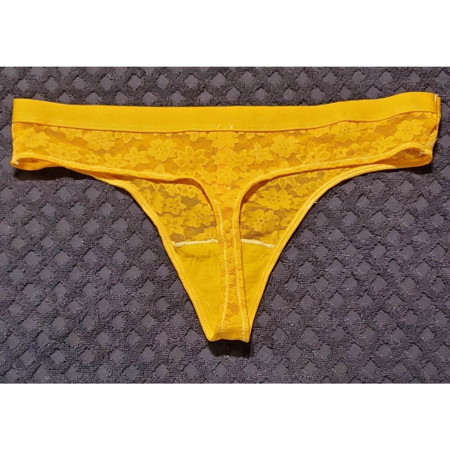Victoria's Secret PINK Floral Lace Thong Panty Semi Sheer Tulip Yellow 7/L