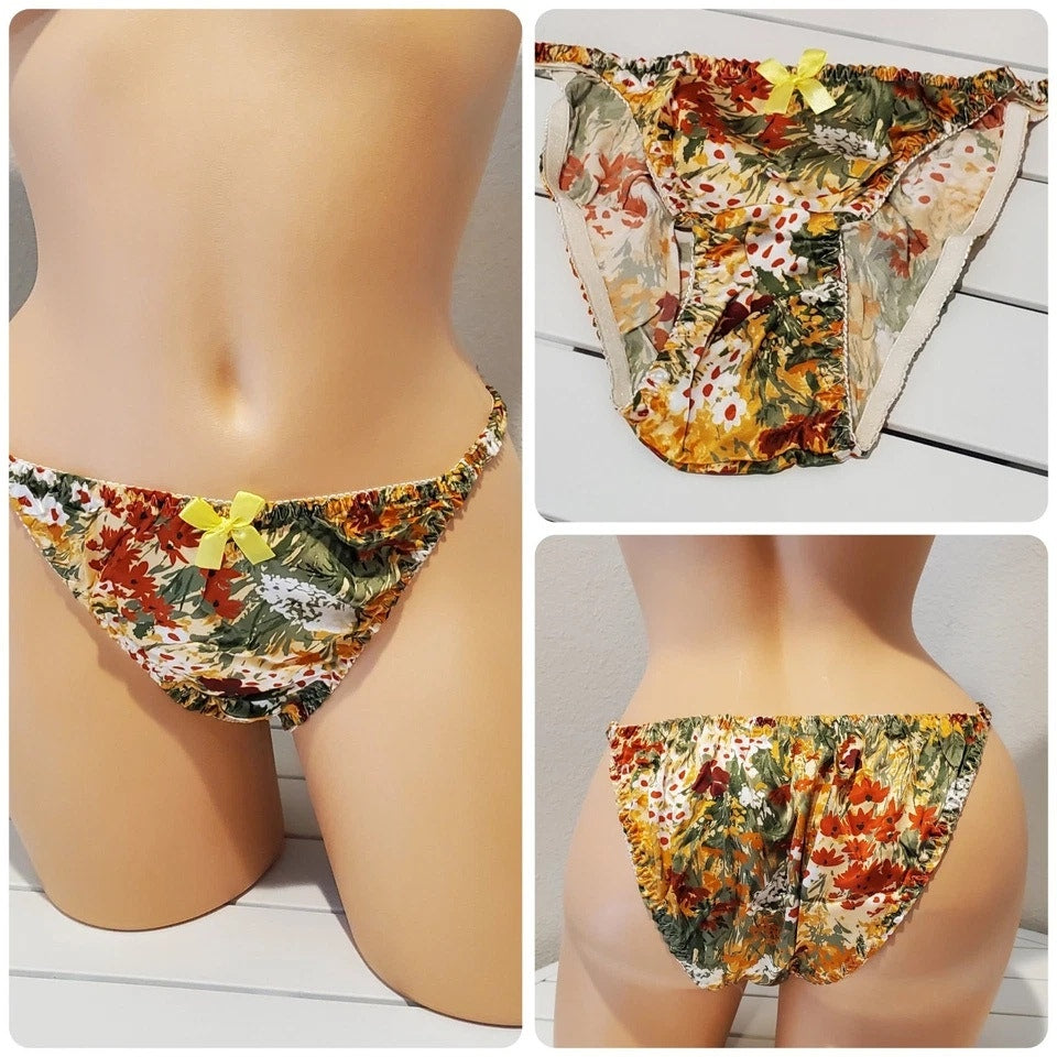 Liquid Satin String Bikini Panty Double Silk Gusset Floral Print Multicolor 7/L