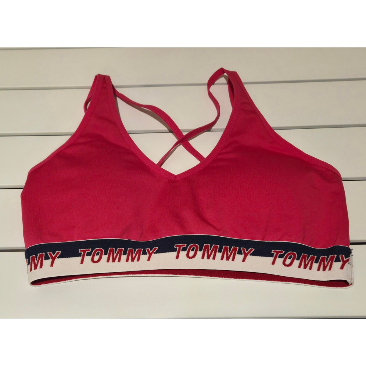 Tommy Hilfiger Sports Bra Racerback Strappy Back Logo Band Neon Pink Size S