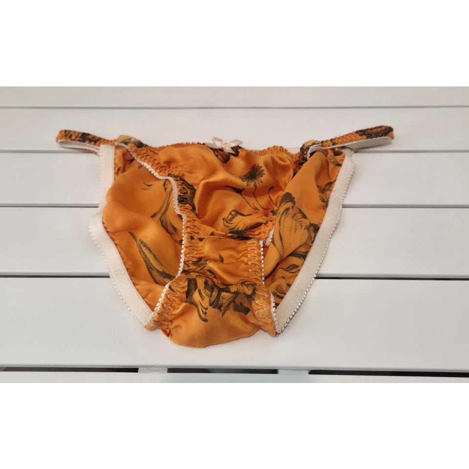 Liquid Satin String Bikini Panty Shiny Double Silk Solar Orange Floral Print