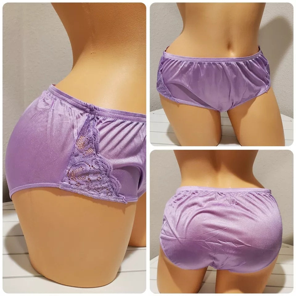 Shadowline 11182 Lace Insets Bikini Panty Shiny Nylon Full Cut Foxglove Purple