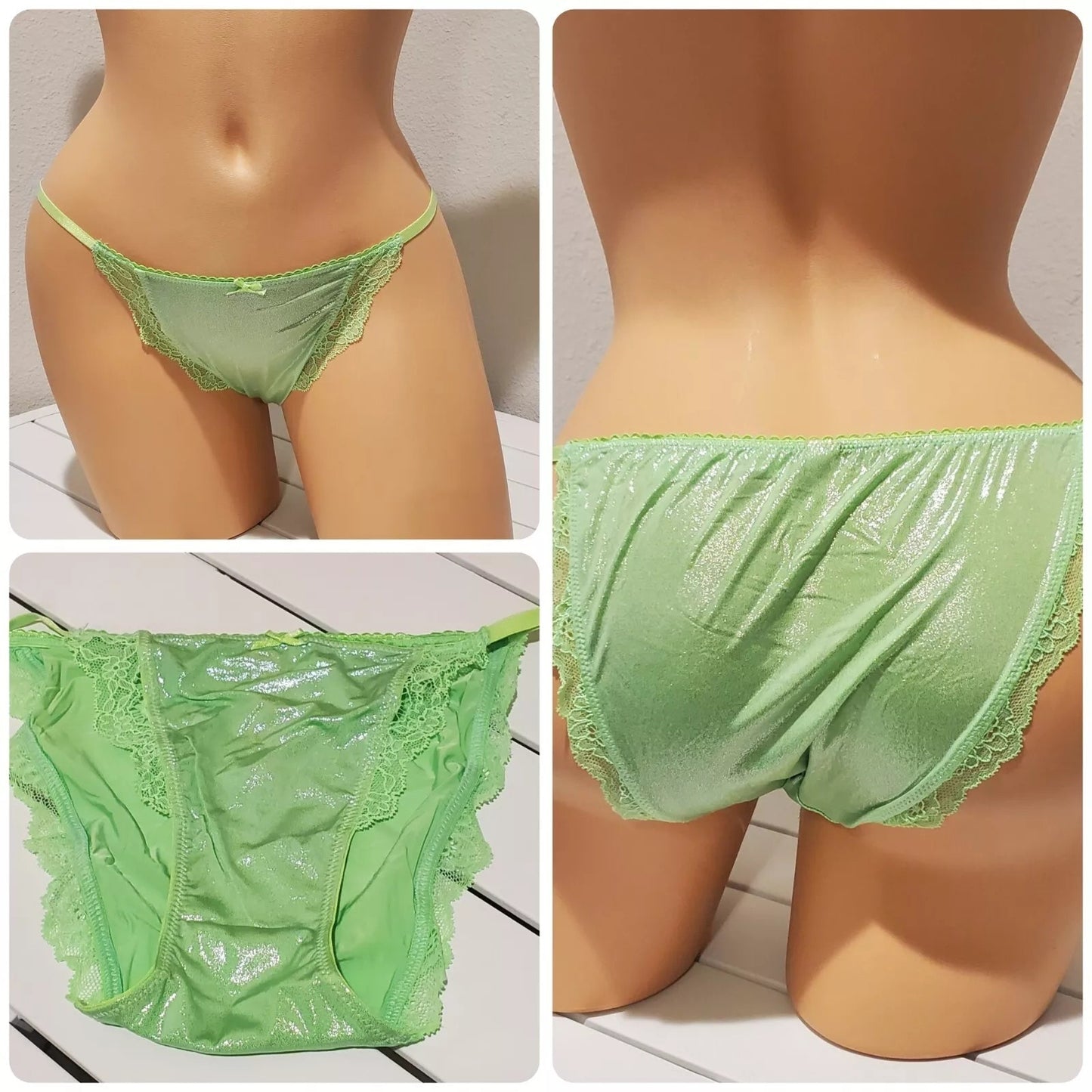 Victoria's Secret Dream Angels String Bikini Panty Shiny Lace Trim Citron Green