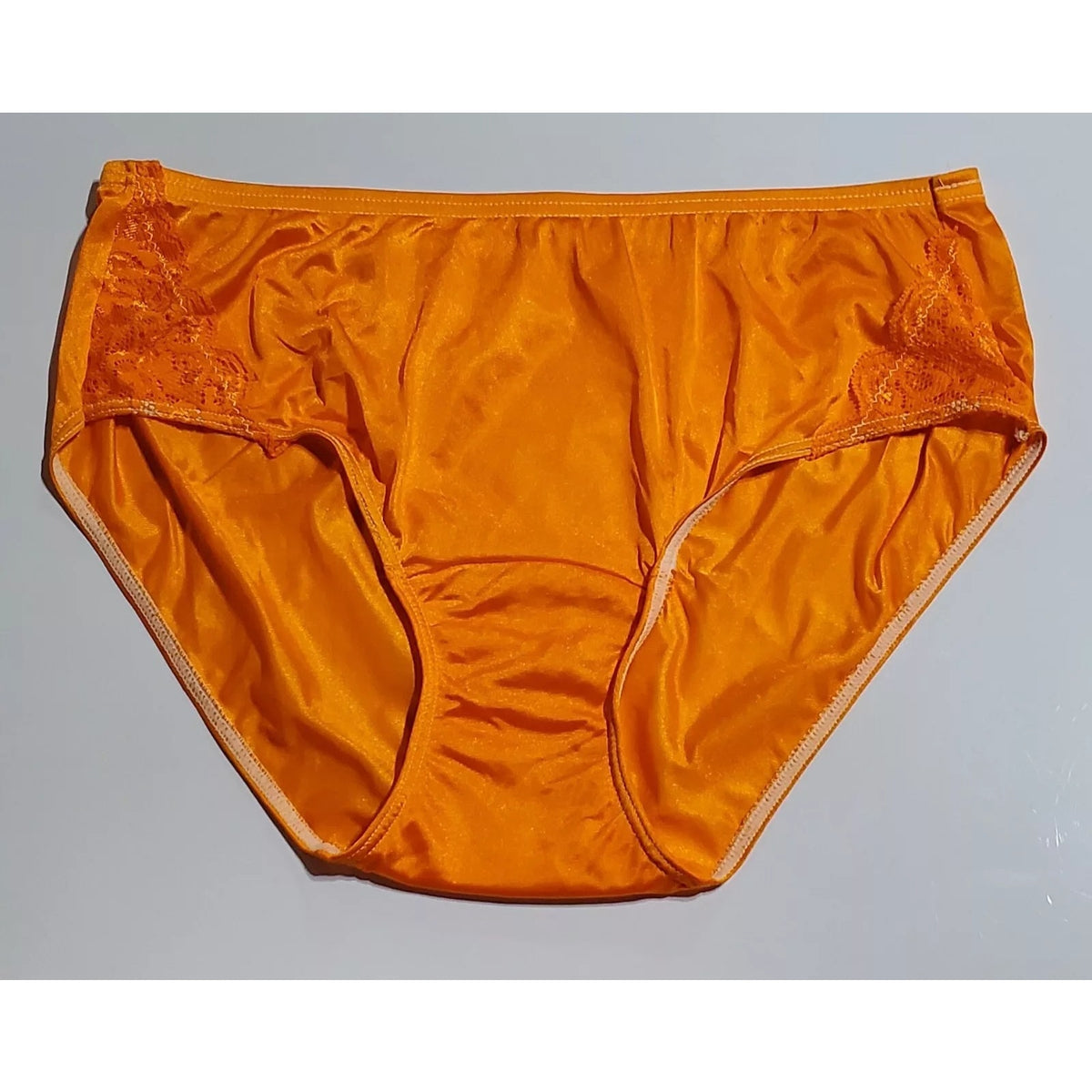 Shadowline 11182 Lace Insets Bikini Panty Shiny Nylon Full Cut Silky Neon Orange