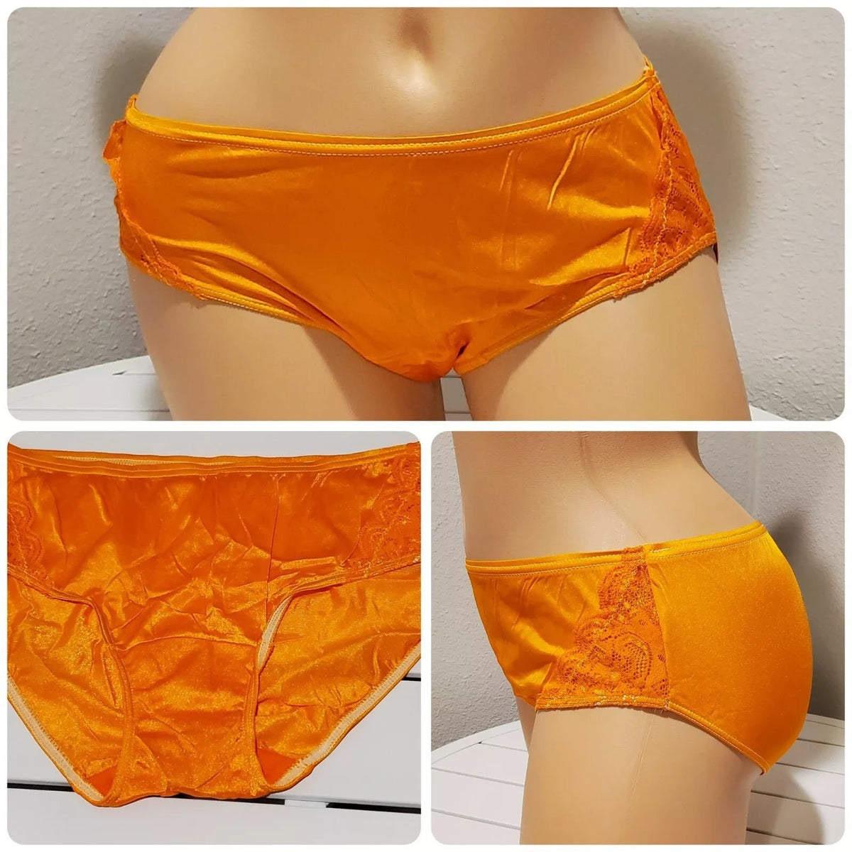 Shadowline 11182 Lace Insets Bikini Panty Shiny Nylon Full Cut Silky Neon Orange