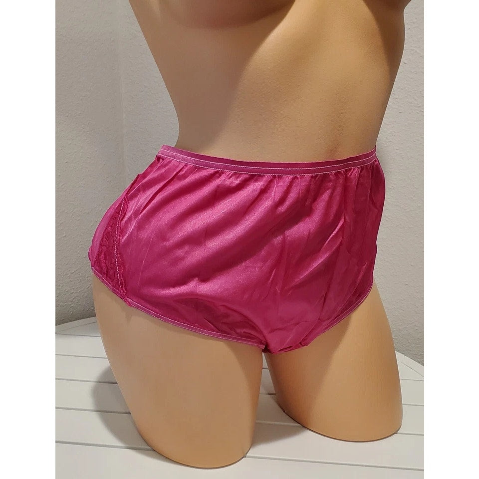 Shadowline 11182 Lace Insets Bikini Panty Shiny Nylon Full Cut Pink Berry 11/4XL