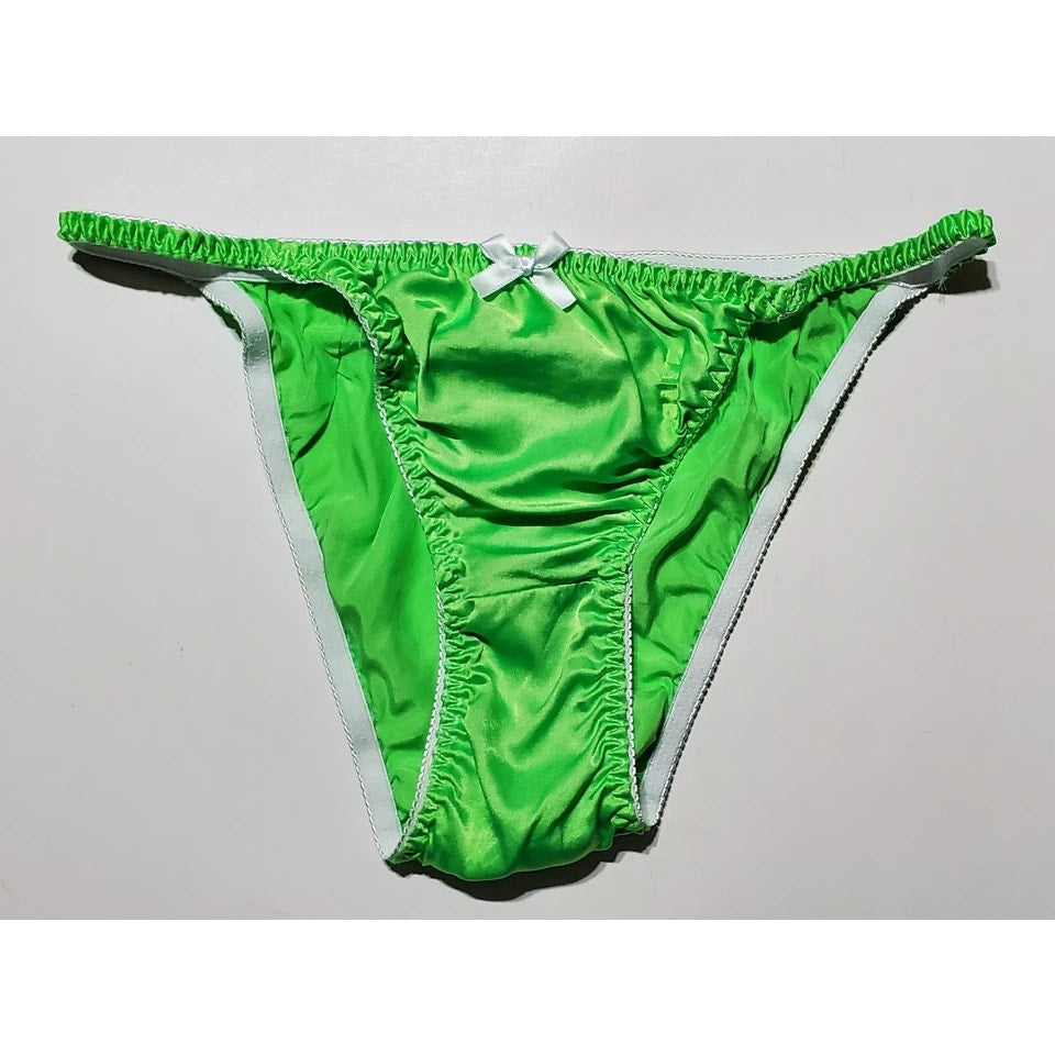 Liquid Satin String Bikini Panty Shiny Double Silk Gusset Screamin Green 8/XL