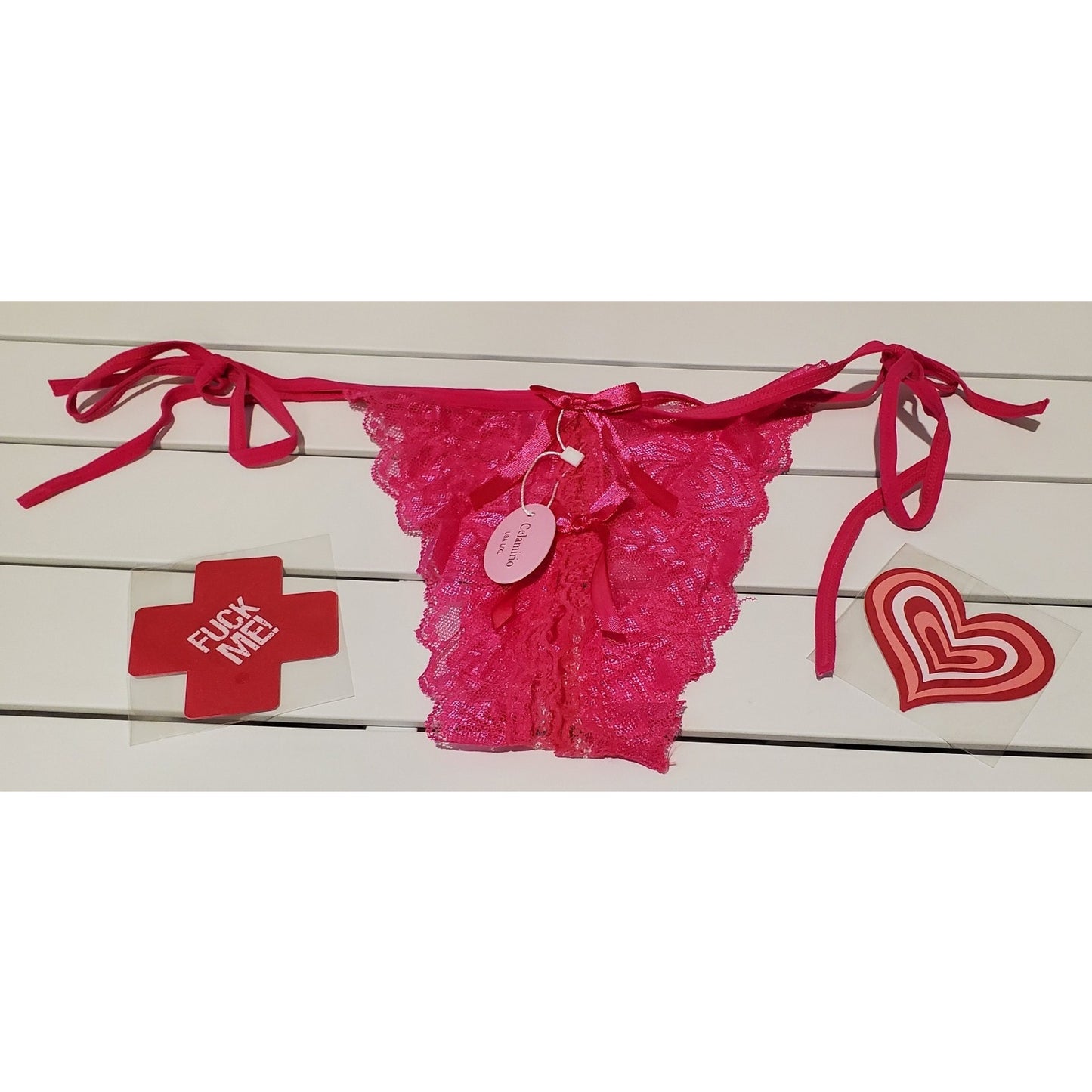 Celamirio Semi Sheer All Lace Crotchless String Panty Pink 8/XL