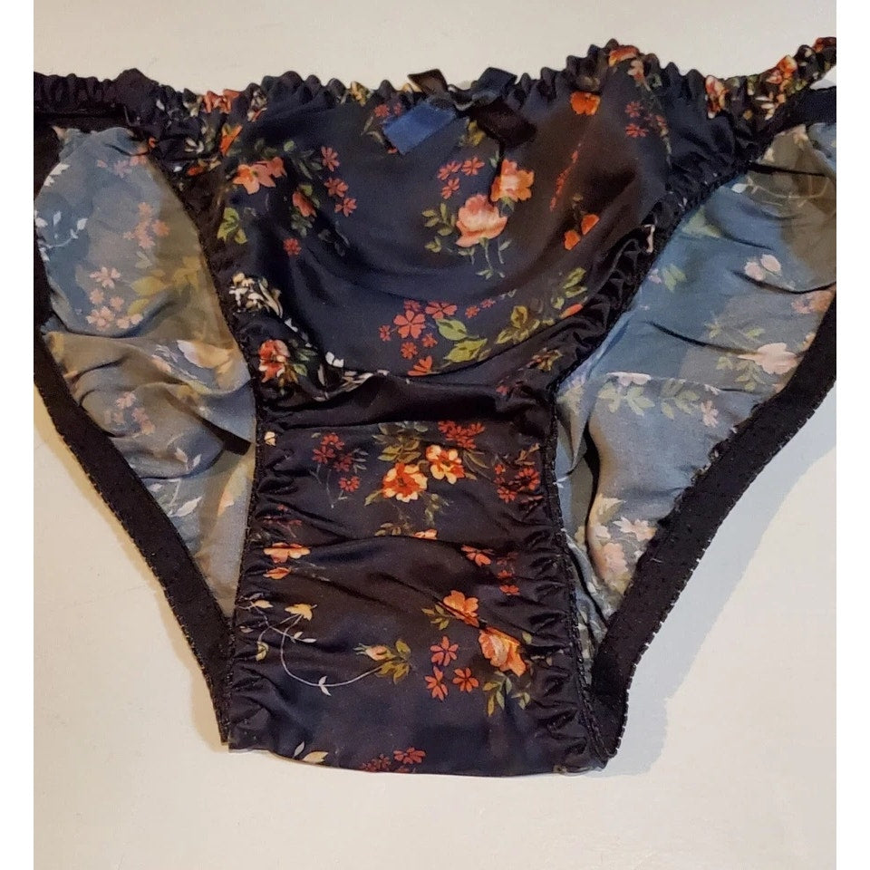 Liquid Satin String Bikini Panty Double Silk Gusset Black Little Floral Print 6