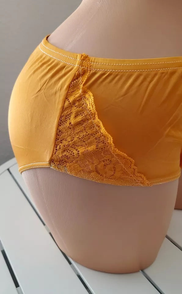 Shadowline 11182 Lace Insets Bikini Panty Shiny Nylon Full Cut Orange Creme