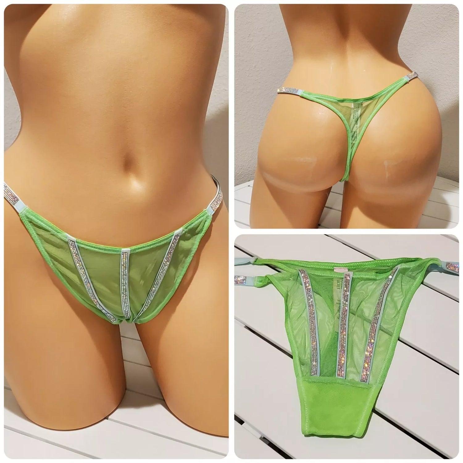 Victorias Secret Thong Panty Shine Strap 6/M GREEN Citron - Star Vintage & More
