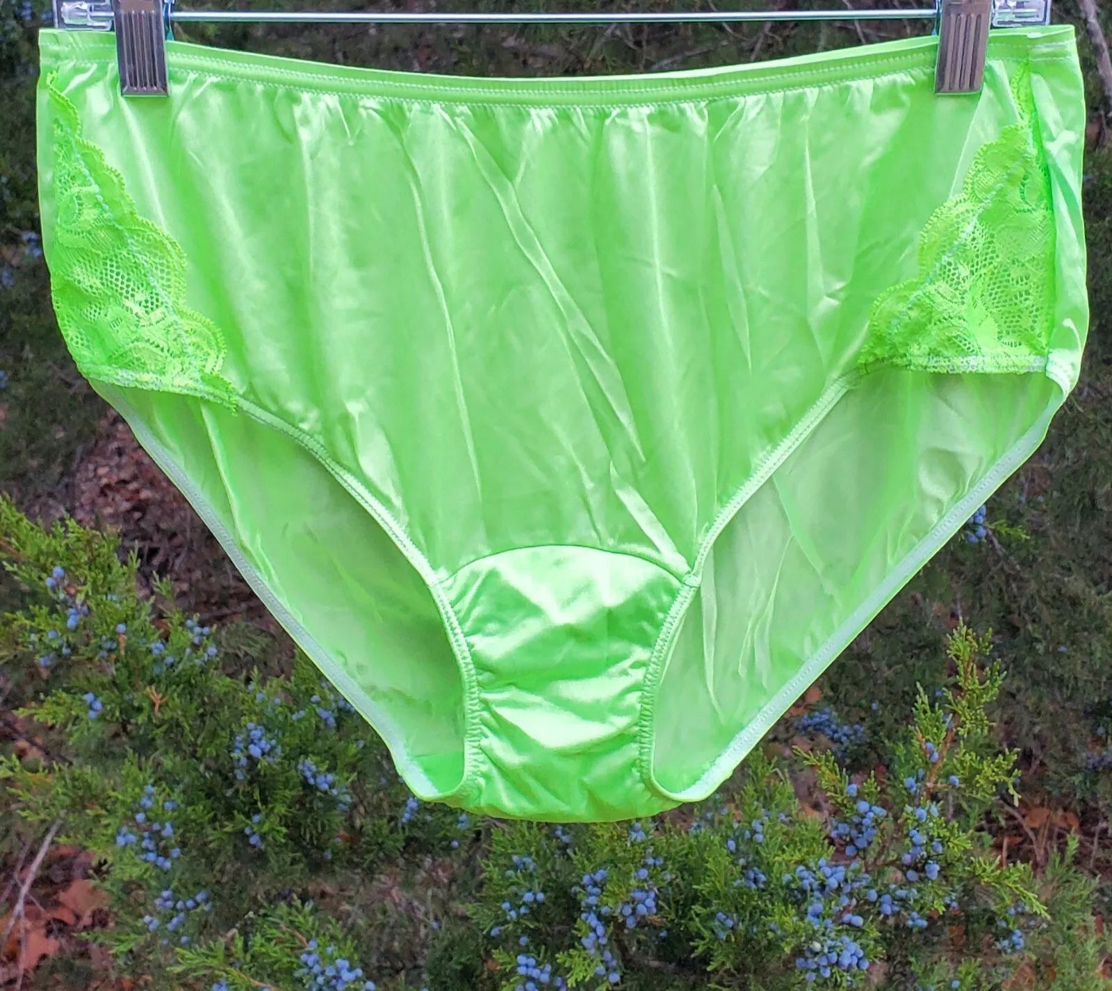 Shadowline Bikini Sissy Panty FLORAL LACE Slippery Nylon GREEN Citron 11182 - Star Vintage & More