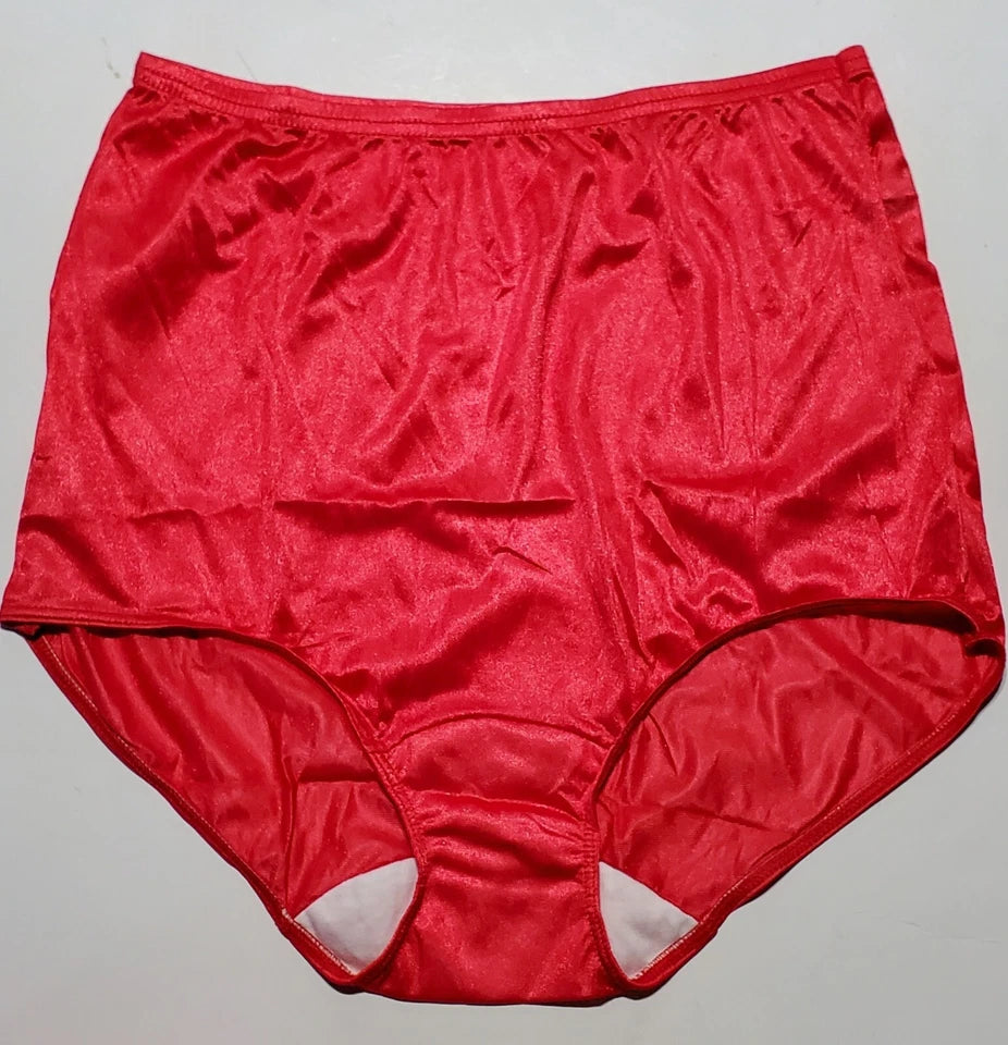 Shadowline 17082 Full Cut Brief Shiny Nylon Lace Full Coverage Panty Red