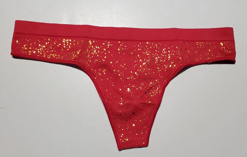 Ambrielle Thong Panty Satin Stretch Shiny Nylon Spandex Gold Sparkle Print